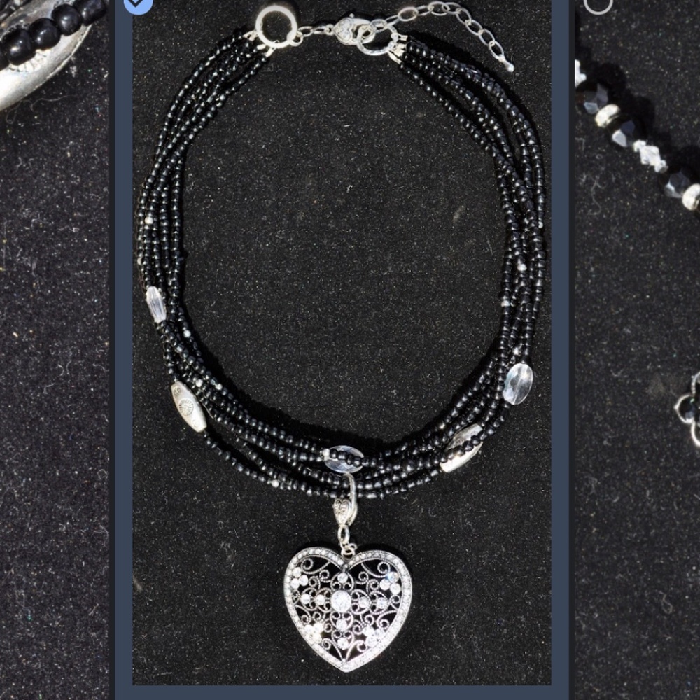 Top seller Multi Strand Black,Silver & Crystal Necklace w Silver & Crystal Heart